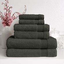 Dark grey Turkish towel set with four folded towels stacked, ribbed trim bands visible