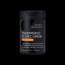 Turmeric curcumin supplement bottle, black Sports Research label, 60 softgels