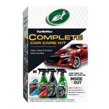 Car care kit box with TurtleWax Complete label and pictured car detailing products