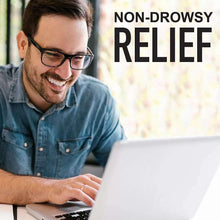 Non-drowsy relief cough medicine promotion with smiling man using a laptop