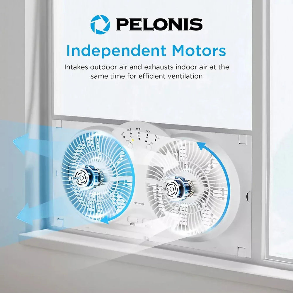 Pelonis 9-inch twin window fan with two circular vents and white housing