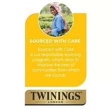 Twinings English Breakfast tea box 'Sourced with care' badge and logo
