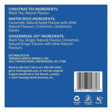 Back panel of winter tea collection gift set with ingredient list and barcode.