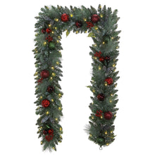 Pre-lit evergreen garland wreath with red baubles and pinecones, warm twinkle LEDs
