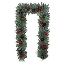 Artificial evergreen garland wreath shape with red ornaments and twinkle LED lights