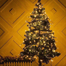 Small Christmas tree decorated with warm white string lights indoors