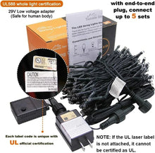Plug-in Christmas light string set with control box and UL label close-up