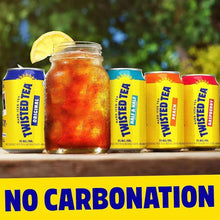 Hard iced tea can variety line-up with lemon slice and “NO CARBONATION” banner