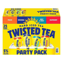 Hard iced tea party pack box showing 24 cans and peach, original, half & half, raspberry