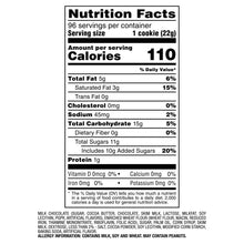 Nutrition Facts label for 1 cookie (22g), calories 110, fat and sugar