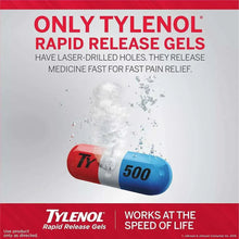 Tylenol Rapid Release Gels 500 mg gel capsule illustration with blue and red halves