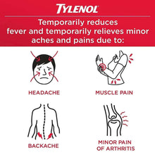 Tylenol Rapid Release Gels promo panel listing fever reduction and minor pain relief