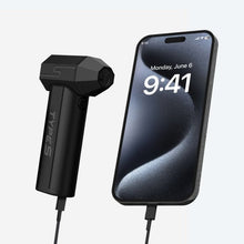 Type S electric air duster with USB cable connected beside a smartphone