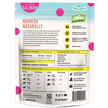 Freeze-dried salmon pet treats pouch back with ingredient and feeding label panels