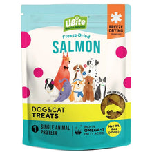 Freeze-dried salmon dog and cat treats pouch, blue and pink with animal icons