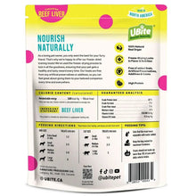 Freeze-dried beef liver treats pouch back with ingredient list, feeding directions, and analysis.