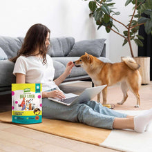 Freeze-dried beef liver treats pouch on couch beside a dog sniffing.