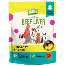 Freeze-dried beef liver treats pouch for dogs and cats, yellow and teal with logo.