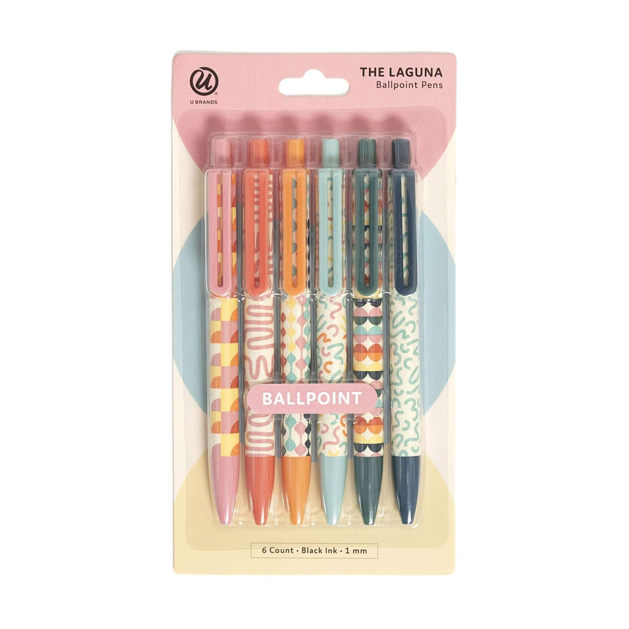 U Brands Laguna Ballpoint Pens, 6 Count, Colorful Cubist, Bold (1.0mm) Point, Black Ink
