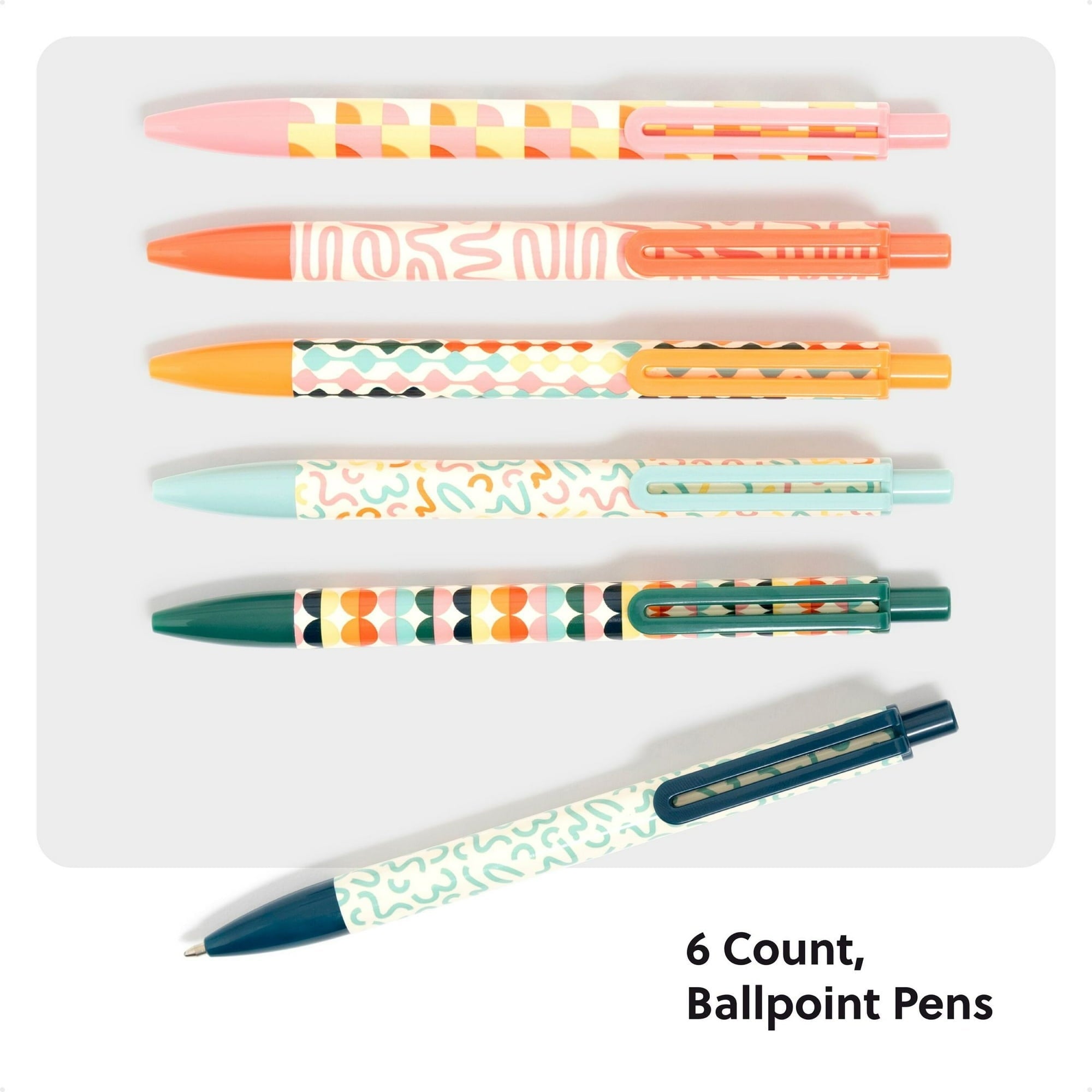 U Brands Laguna Ballpoint Pens, 6 Count, Colorful Cubist, Bold (1.0mm) Point, Black Ink
