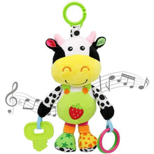 Cow plush teether rattle with green handle ring and dangling keys for baby play