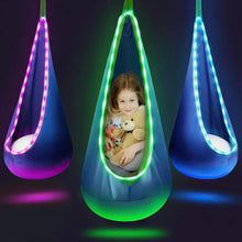 Kids pod swing seat hammock, blue fabric, glowing LED edge lights