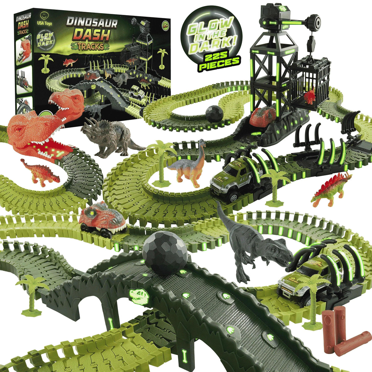 USA Toyz Dinosaur Dash Track 6 Dinosaurs LED Dino Car STEM Set Toy 225 Piece Tracks for Kids Ages 3+ - USA MEGA SHOP