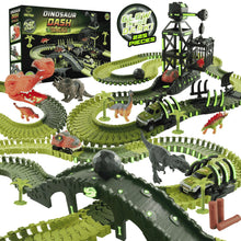 Dinosaur track STEM set with green track pieces, dinosaur figures, and LED dino cars