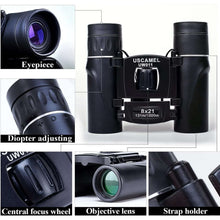 USCAMEL 8x21 binoculars with eyepiece, diopter adjustment, central focus wheel, objective lenses.