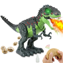 RC dinosaur robot, green and dark gray, red eyes, flame spray and lights