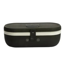 Self-heating lunch box with UV light sanitizer, black top view with heat and UV control icons