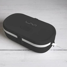 Self-heating lunch box with UV light sanitizer, black closed with power cable attached