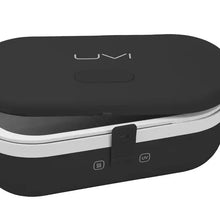 Self-heating lunch box with UV light sanitizer, black side close-up with UV and heat icons