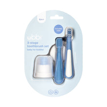3-stage baby toothbrush training set in blue with finger brush, soft bristles, case