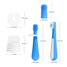 Blue toothbrush set with three brushes and a white hygienic holder base