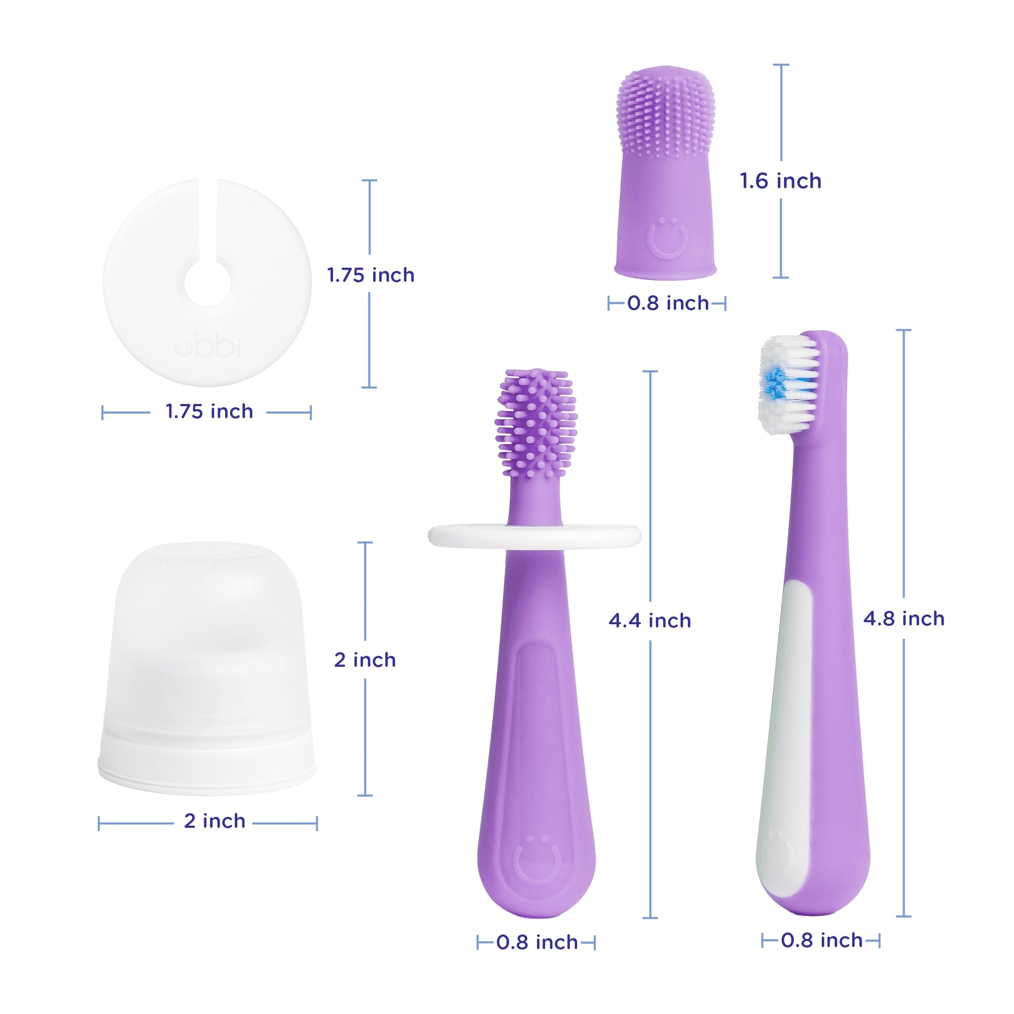 Ubbi 3 pcs Toothbrush Training Set for Babies and Toddlers, Includes Silicone Finger Brush, 360° and Soft Bristled Toothbrush, Smoothie Purple