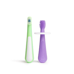Ubbi Babies and Toddlers Training Toothbrush, Includes One 360° Food-Grade Platinum Silicone and One Soft Bristled Toothbrush,Smoothie Purple and Zest Green
