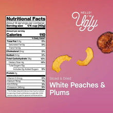 Ugly white peaches & plums dried fruit pouch, nutritional facts panel