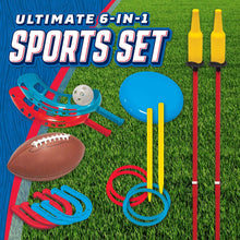 Sports set bundle with scoop ball launcher, flying disc, football, ring toss and horseshoes