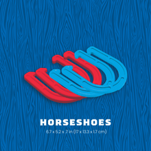 Horseshoes game with red and blue U-shaped horseshoe pieces