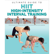 HIIT training book cover with interval workout exercises and anatomical illustrations