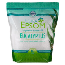 Eucalyptus-scented Epsom bath salts bag, 18 lb, resealable top, white granules visible