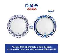 10-inch Dixie Ultra paper plates, blue patterned rim, two design options shown