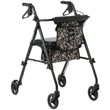 Folding rolling walker with black frame, camo storage pouch, and four caster wheels