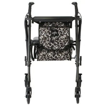 Front view rolling walker with black handles and camo basket pouch plus padded seat