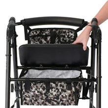 Rolling walker open view with camo pouch and padded seat from a front panel