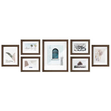 7-piece gallery picture frame set with dark brown frames, assorted art prints