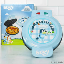Light blue Bluey waffle maker with illustrated lid logo and red/green indicator buttons