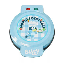 Light blue Bluey waffle maker with “World’s Best Chef” lid graphic and buttons