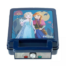 Disney Frozen waffle maker with blue control panel and POWER/READY indicators
